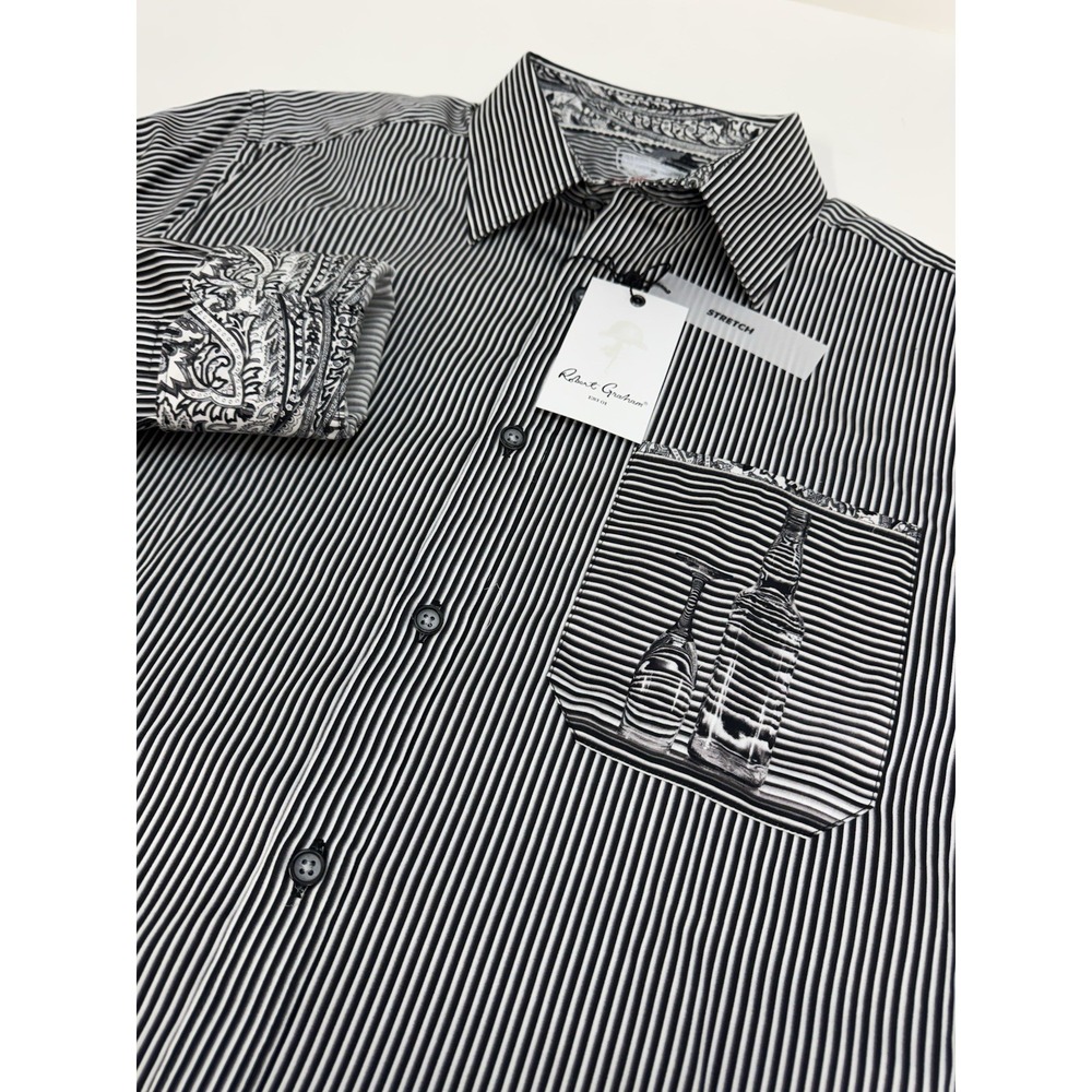 NWT Robert Graham PERSPECTIVE Drink Button-Up Black Stripe Shirt Mens Large $198